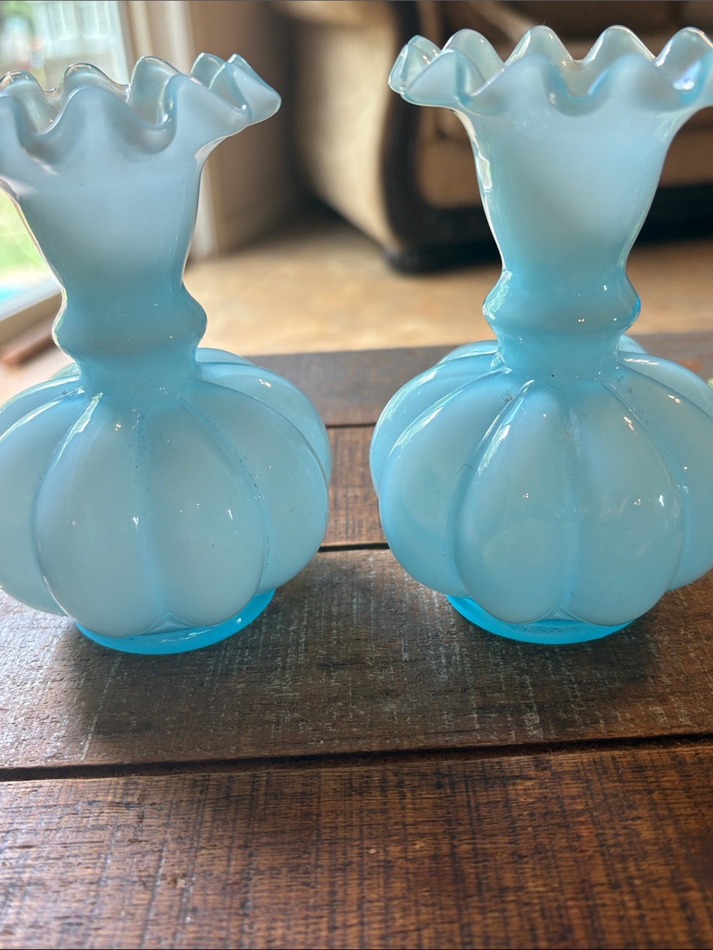 Matching Pair of Fenton Blue Glass Ruffled Vase